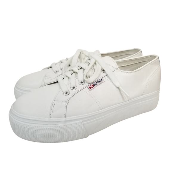 Superga Women's White Leather Platform Lace Up Sneakers Size 41.5 US 10 - Picture 1 of 10
